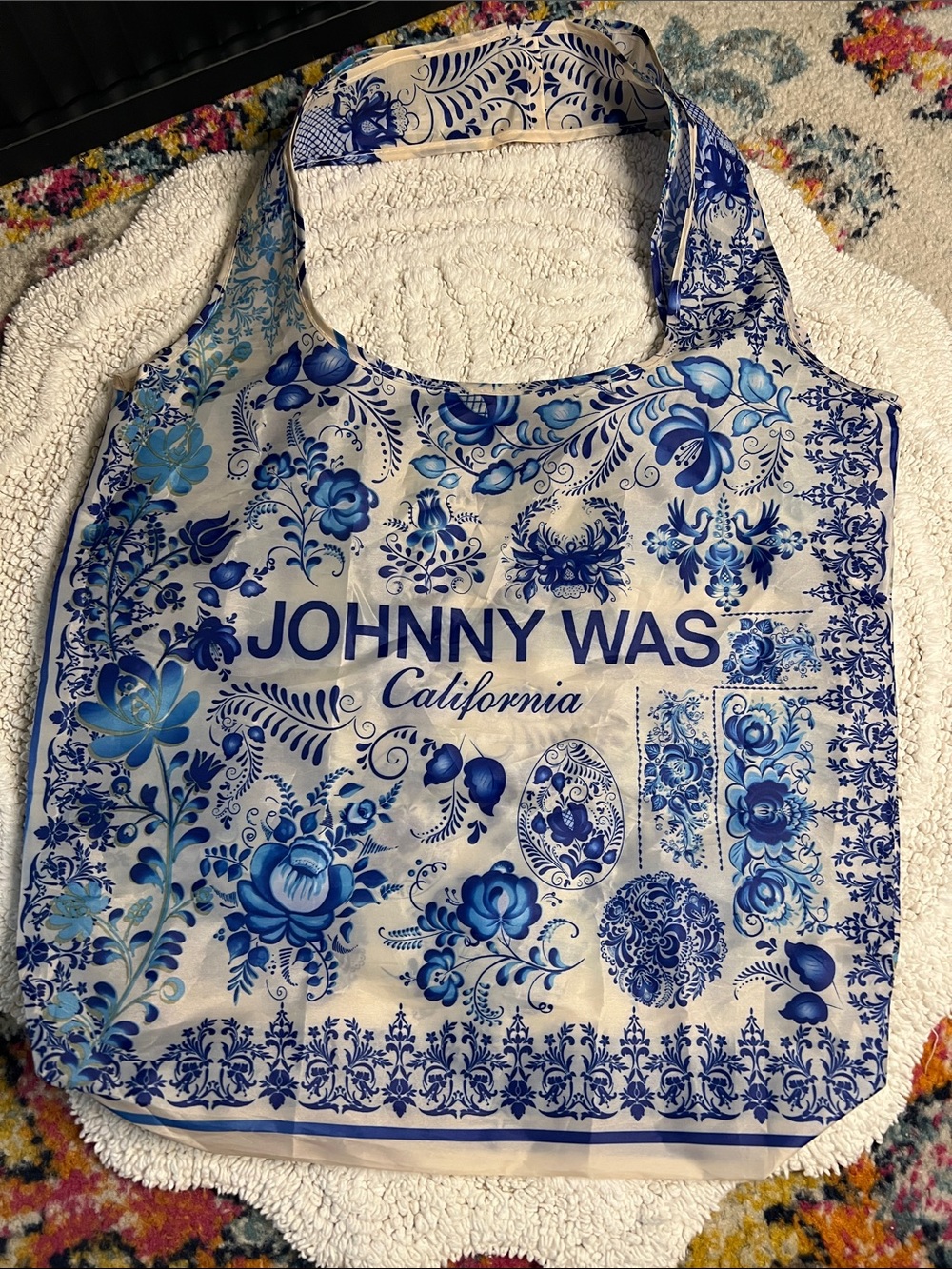 Johnny Was Reusable Packable Travel Shopping Tote Bag Floral Blue White Willow